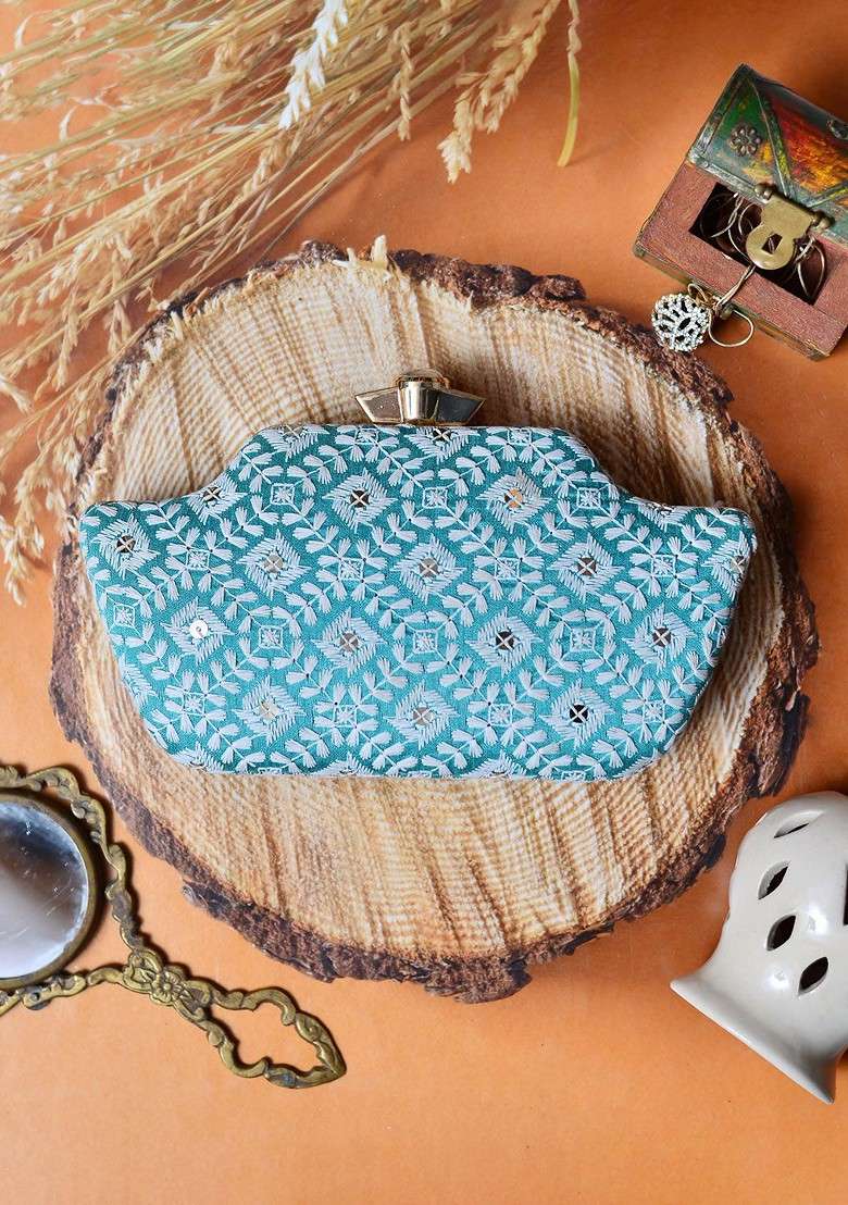 Turquoise Blue Satin Turquoise Blue And White Embroidered Box Clutch - Indya