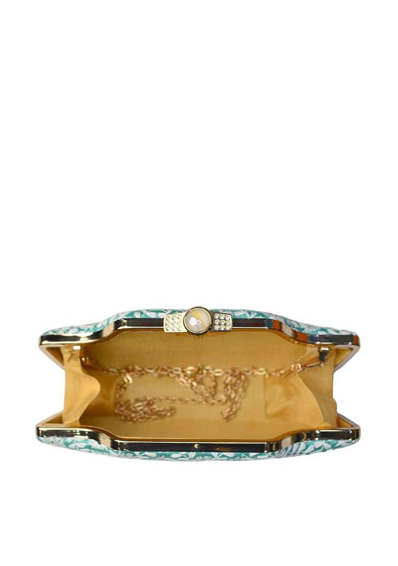 Turquoise Blue Satin Turquoise Blue And White Embroidered Box Clutch - Indya