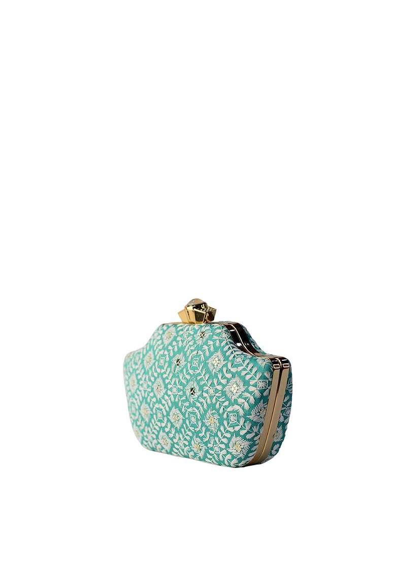 Turquoise Blue Satin Turquoise Blue And White Embroidered Box Clutch - Indya