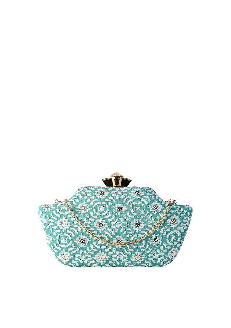 Turquoise Blue Satin Turquoise Blue And White Embroidered Box Clutch - Indya