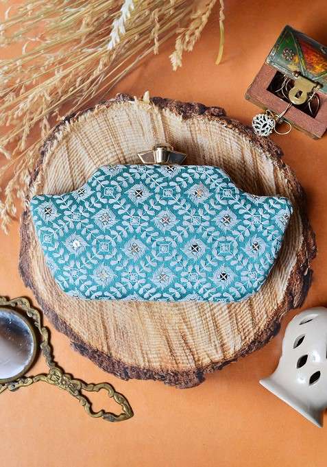 Turquoise Blue Satin Turquoise Blue And White Embroidered Box Clutch