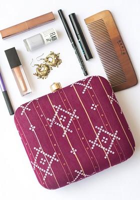 Purple Fabric Purple And White Printed Box Clutch