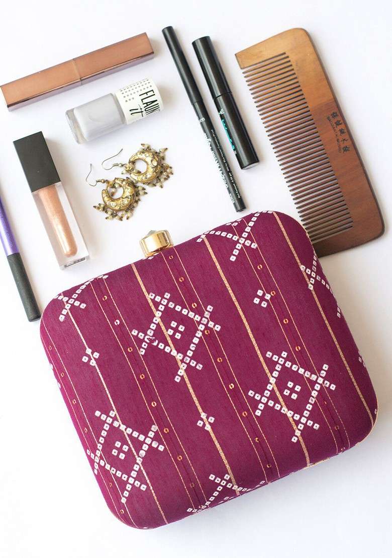 Purple Fabric Purple And White Printed Box Clutch - Indya
