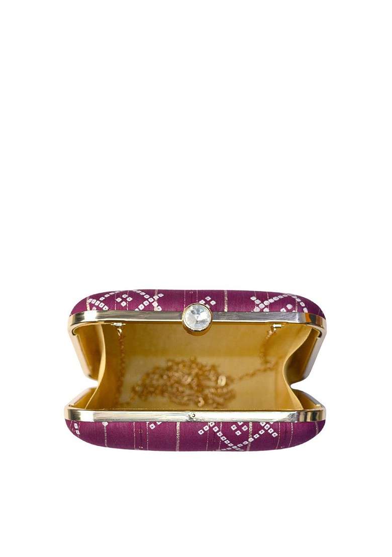Purple Fabric Purple And White Printed Box Clutch - Indya