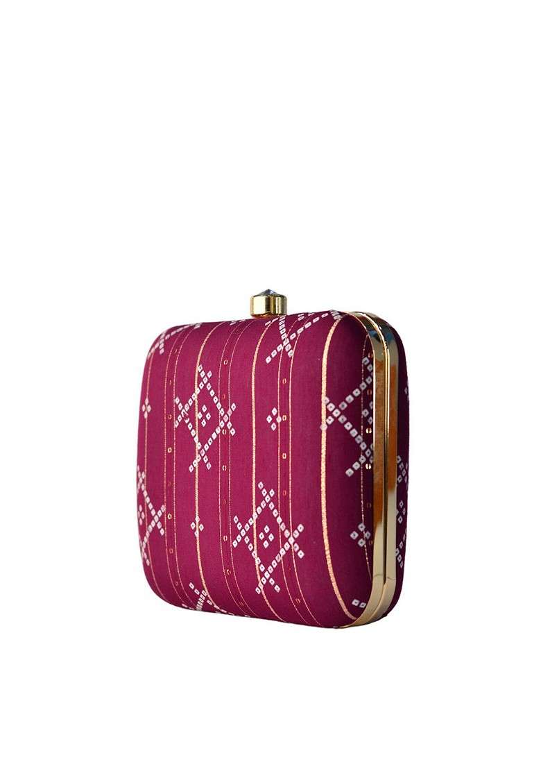 Purple Fabric Purple And White Printed Box Clutch - Indya