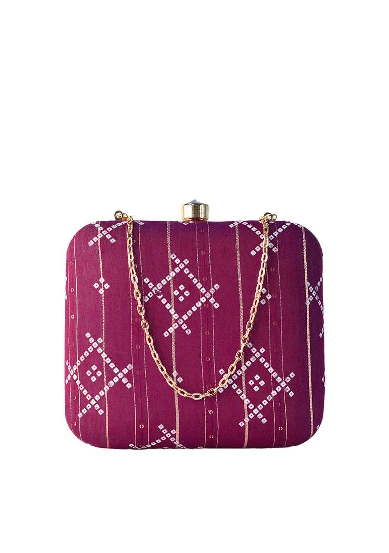 Purple Fabric Purple And White Printed Box Clutch - Indya