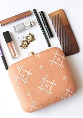 Peach Fabric Peach Coloured And White Printed Box Clutch