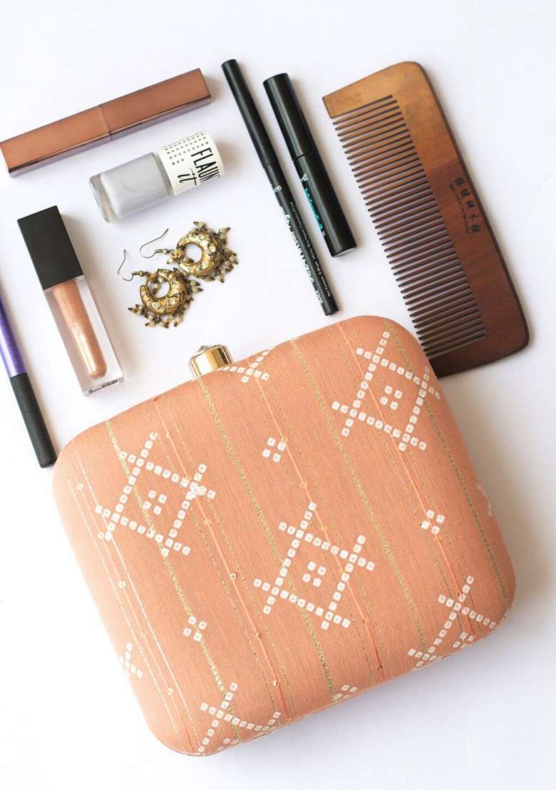 Peach Fabric Peach Coloured And White Printed Box Clutch - Indya
