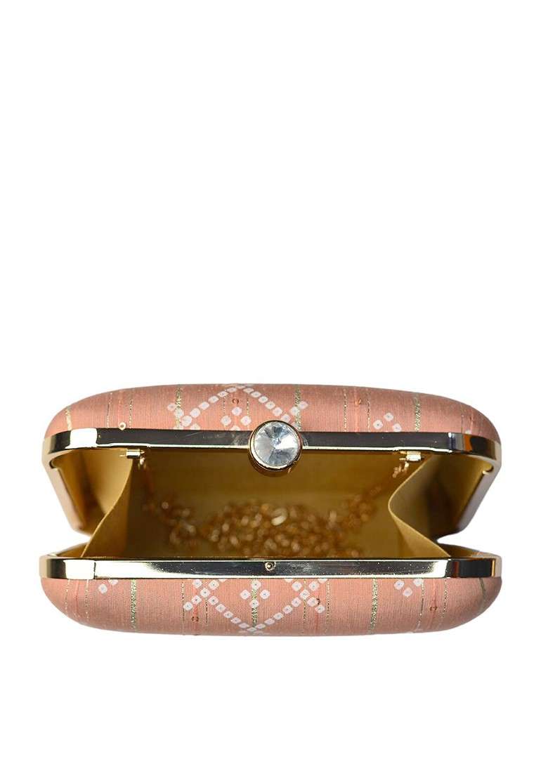 Peach Fabric Peach Coloured And White Printed Box Clutch - Indya