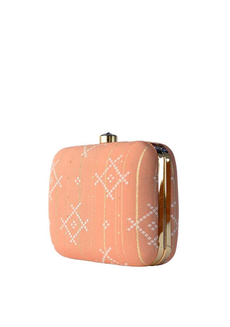 Peach Fabric Peach Coloured And White Printed Box Clutch - Indya