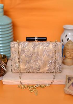 Beige Satin Beige Embroidered Box Clutch