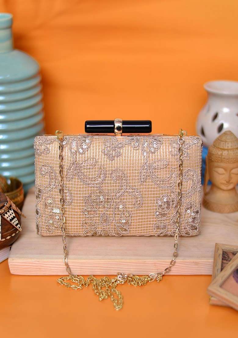 Beige Satin Beige Embroidered Box Clutch - Indya