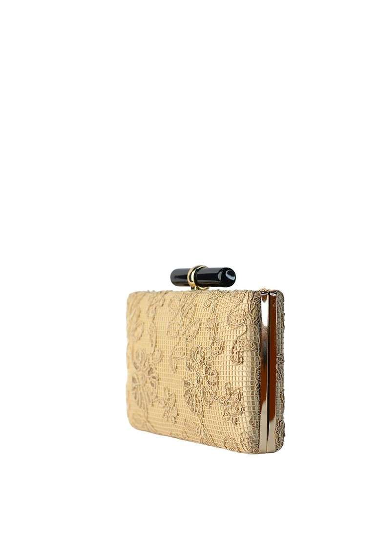 Beige Satin Beige Embroidered Box Clutch - Indya