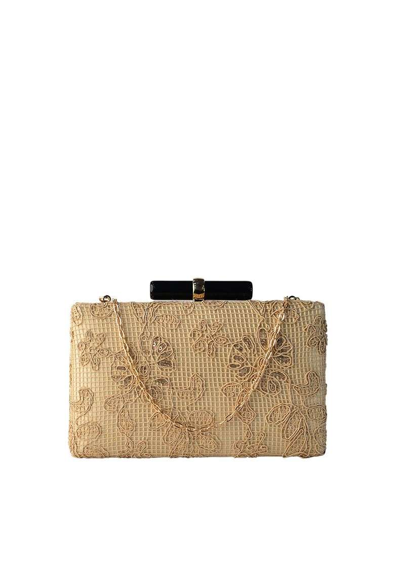 Beige Satin Beige Embroidered Box Clutch - Indya