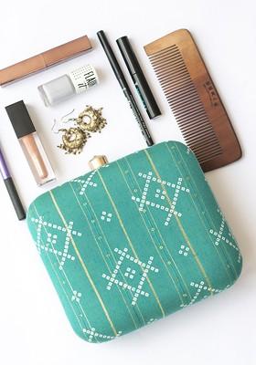 Sea Green Fabric Women Sea Green And White Printed Embroidered Box Clutch