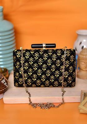 Black Satin Black And Gold Toned Embroidered Box Clutch
