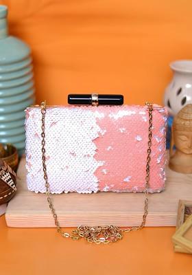White Satin White And Pink Embellished Box Clutch