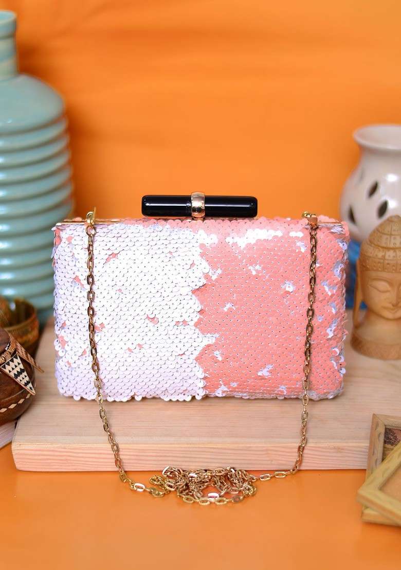 White Satin White And Pink Embellished Box Clutch - Indya