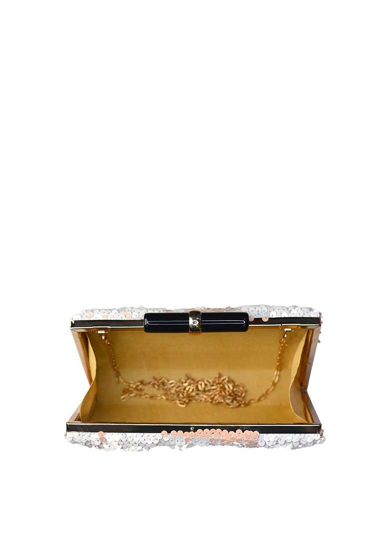 White Satin White And Pink Embellished Box Clutch - Indya