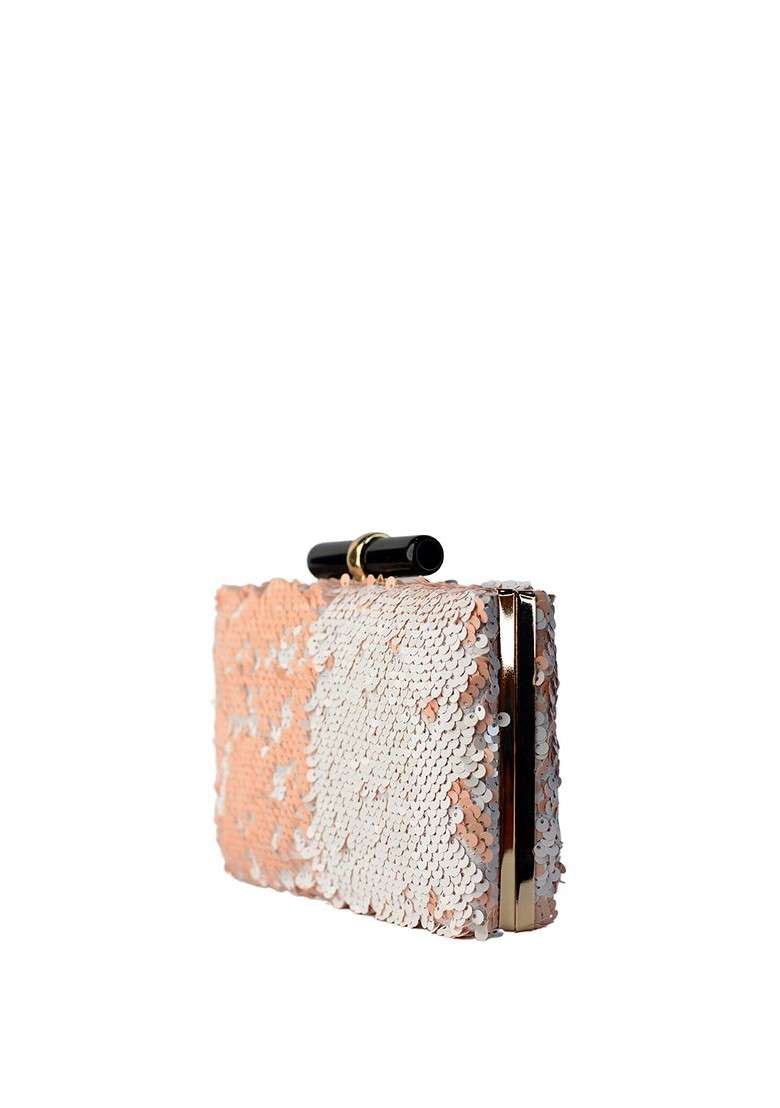 White Satin White And Pink Embellished Box Clutch - Indya