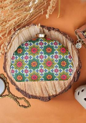 Green Fabric Green And White Printed Embroidered Box Clutch