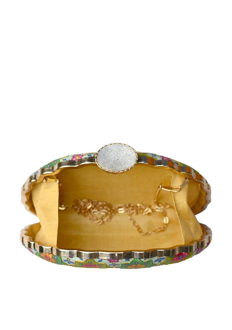 Green Fabric Green And White Printed Embroidered Box Clutch - Indya