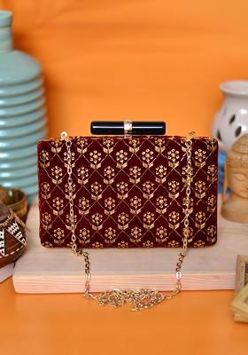 Maroon Satin Women Maroon And Gold Embroidered Box Clutch