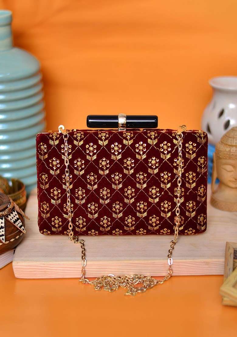 Maroon Satin Women Maroon And Gold Embroidered Box Clutch - Indya