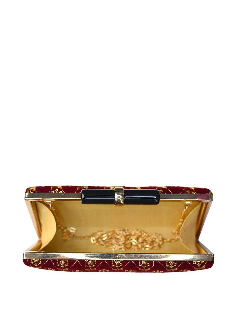 Maroon Satin Women Maroon And Gold Embroidered Box Clutch - Indya