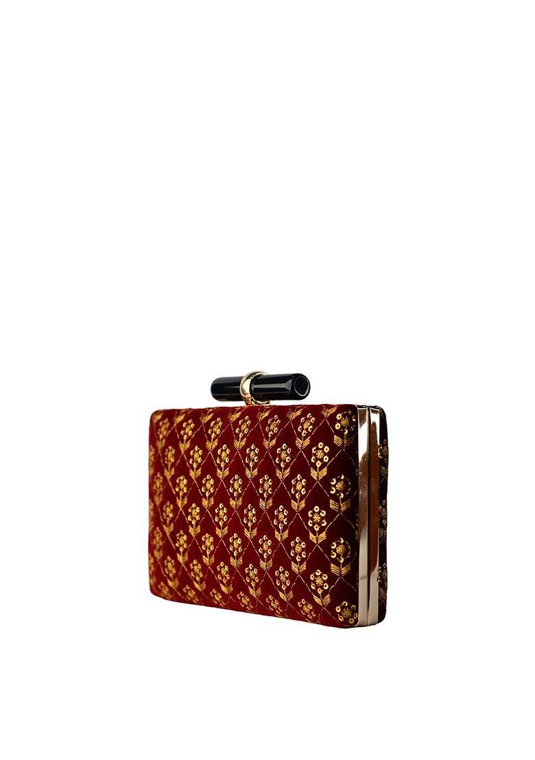 Maroon Satin Women Maroon And Gold Embroidered Box Clutch - Indya