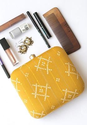Mustard Satin Mustard And Off White Embroidered Box Clutch