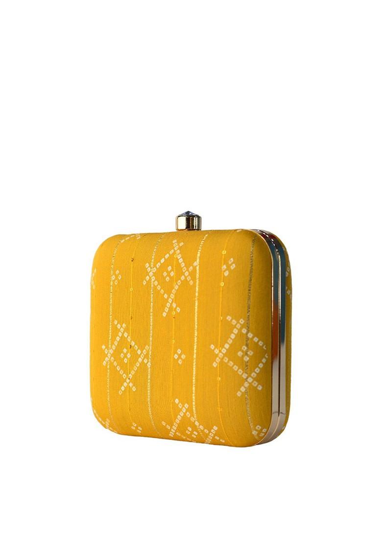 Mustard Satin Mustard And Off White Embroidered Box Clutch - Indya