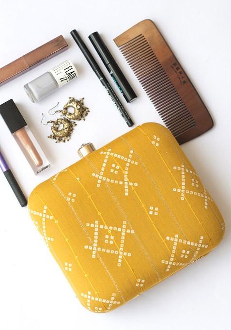 Mustard Satin Mustard And Off White Embroidered Box Clutch