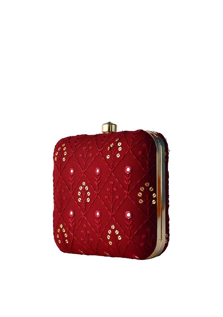 Maroon Satin Maroon And Gold Toned Embroidered Box Clutch - Indya