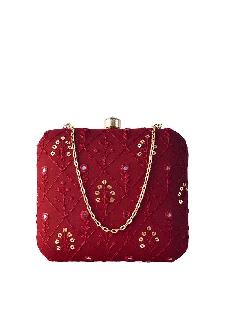 Maroon Satin Maroon And Gold Toned Embroidered Box Clutch - Indya