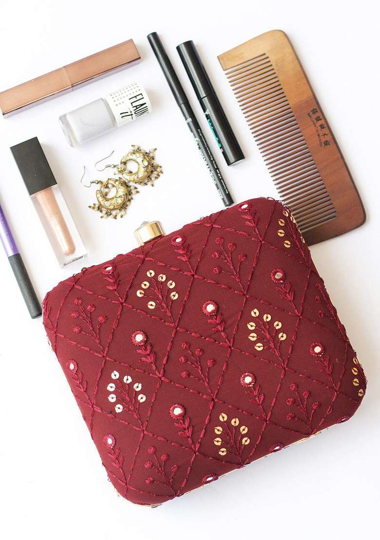 Maroon Satin Maroon And Gold Toned Embroidered Box Clutch - Indya