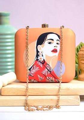 Peach Fabric Peach Coloured And Red Printed Box Clutch