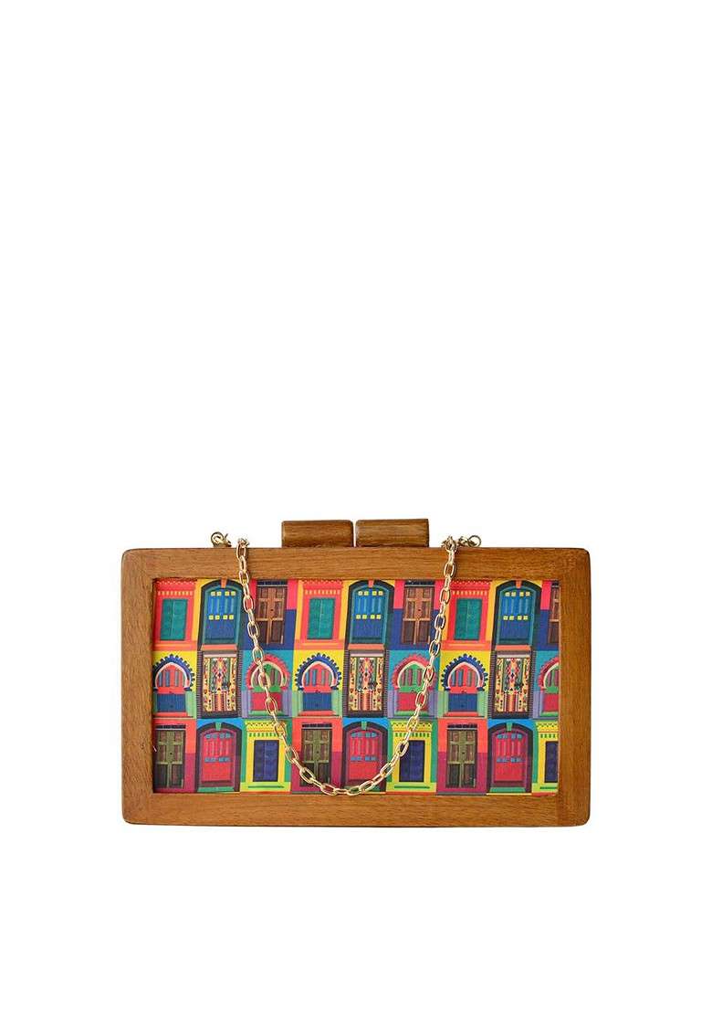 Brown Fabric Brown And Blue Printed Box Clutch - Indya