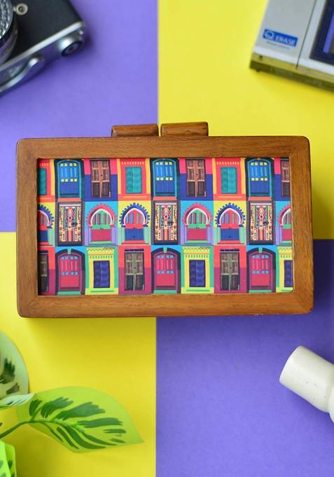 Brown Fabric Brown And Blue Printed Box Clutch