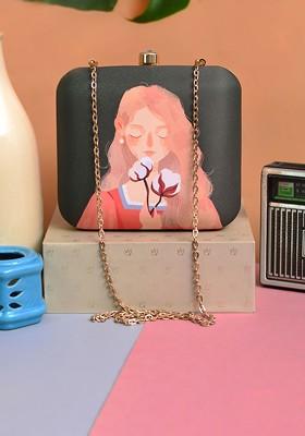 Green Fabric Green And Peach Coloured Printed Box Clutch