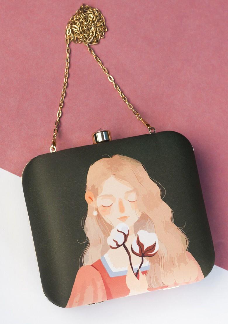Green Fabric Green And Peach Coloured Printed Box Clutch - Indya