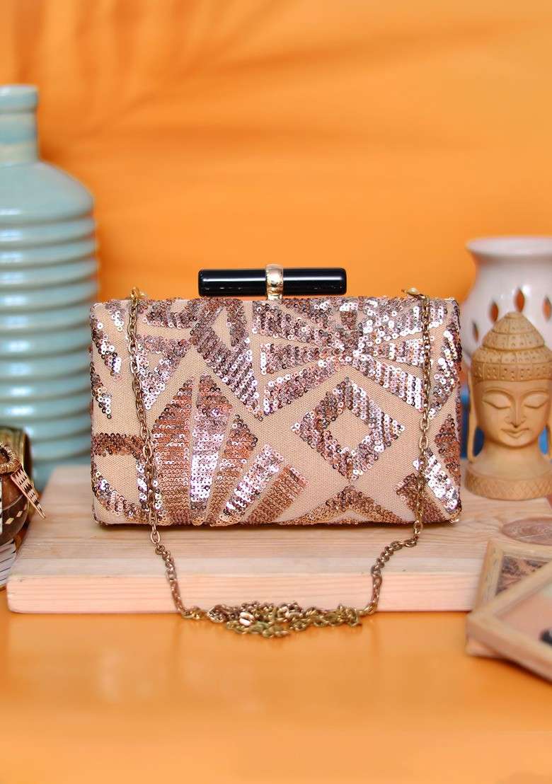 Peach Satin Peach Coloured Embellished Box Clutch - Indya