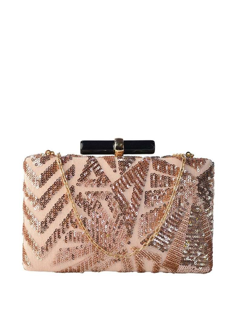 Peach Satin Peach Coloured Embellished Box Clutch - Indya