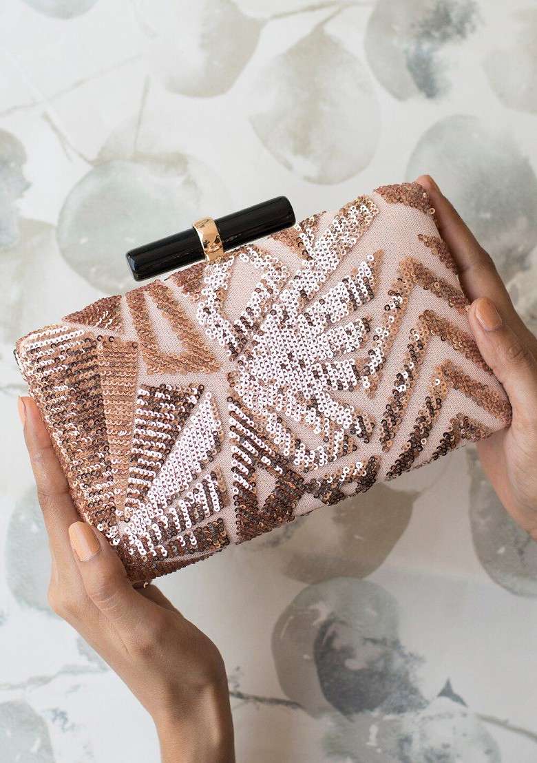 Peach Satin Peach Coloured Embellished Box Clutch - Indya