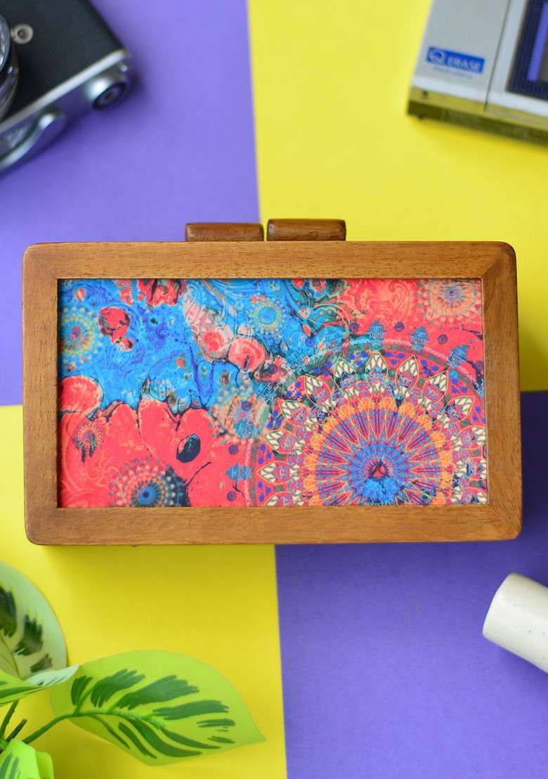 Brown Fabric Brown And Blue Printed Wooden Box Clutch - Indya