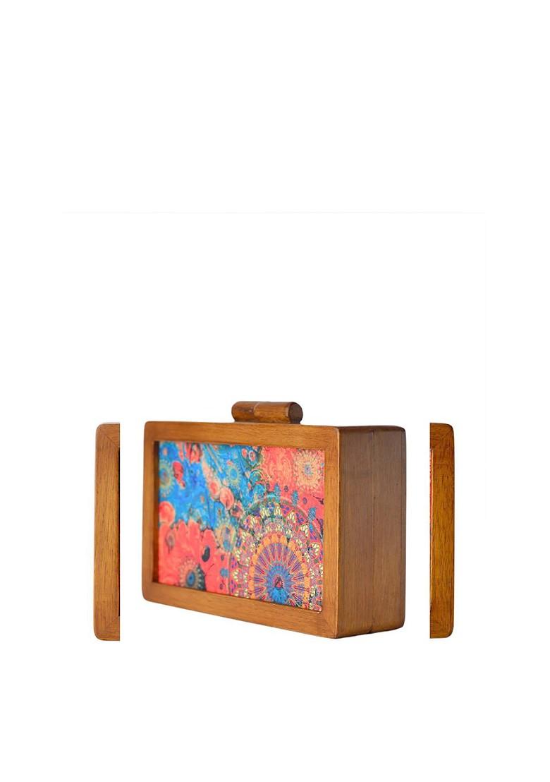 Brown Fabric Brown And Blue Printed Wooden Box Clutch - Indya