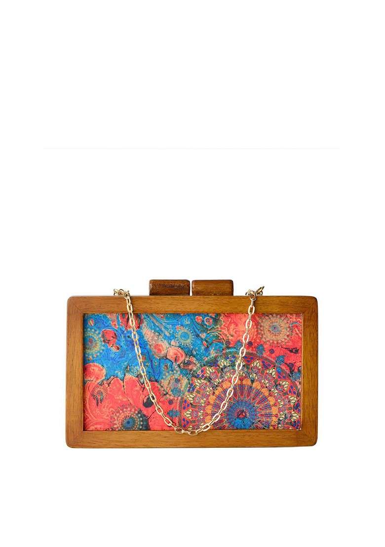 Brown Fabric Brown And Blue Printed Wooden Box Clutch - Indya