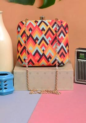 Red Fabric Red And Yellow Printed Box Clutch