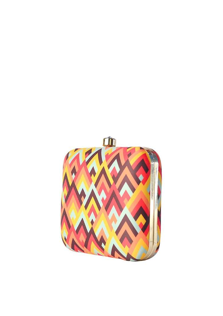 Red Fabric Red And Yellow Printed Box Clutch - Indya