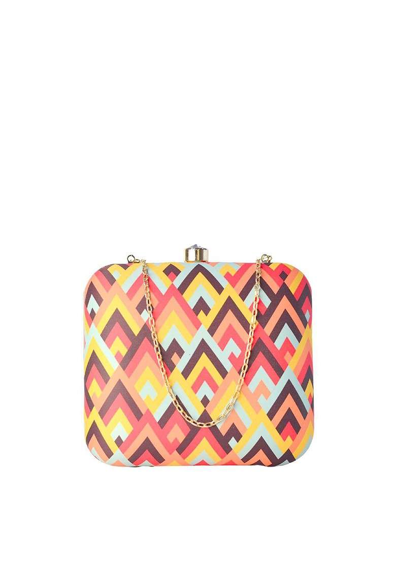 Red Fabric Red And Yellow Printed Box Clutch - Indya